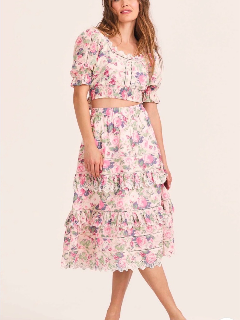 Love Shack Fancy Karsten Top and Naila Skirt Medium - Pink Floral